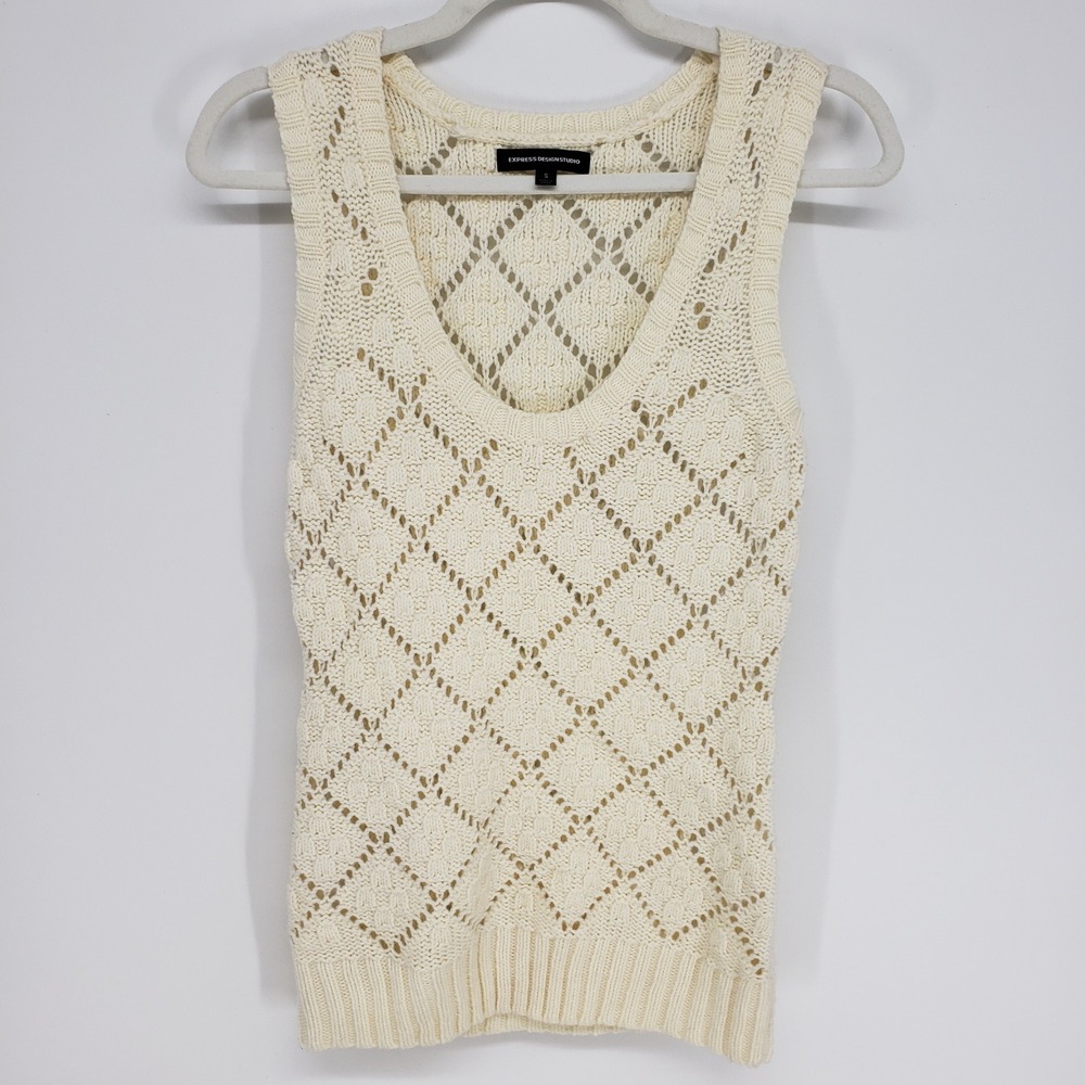 Y2K Express Pointelle Knit Sweater Vest Womens Sz Small Cream Merino Wool Tank
